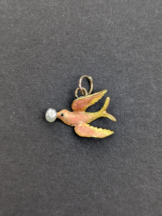 14k Art Nouveau Pink Enamel Swallow Charm with Pearl