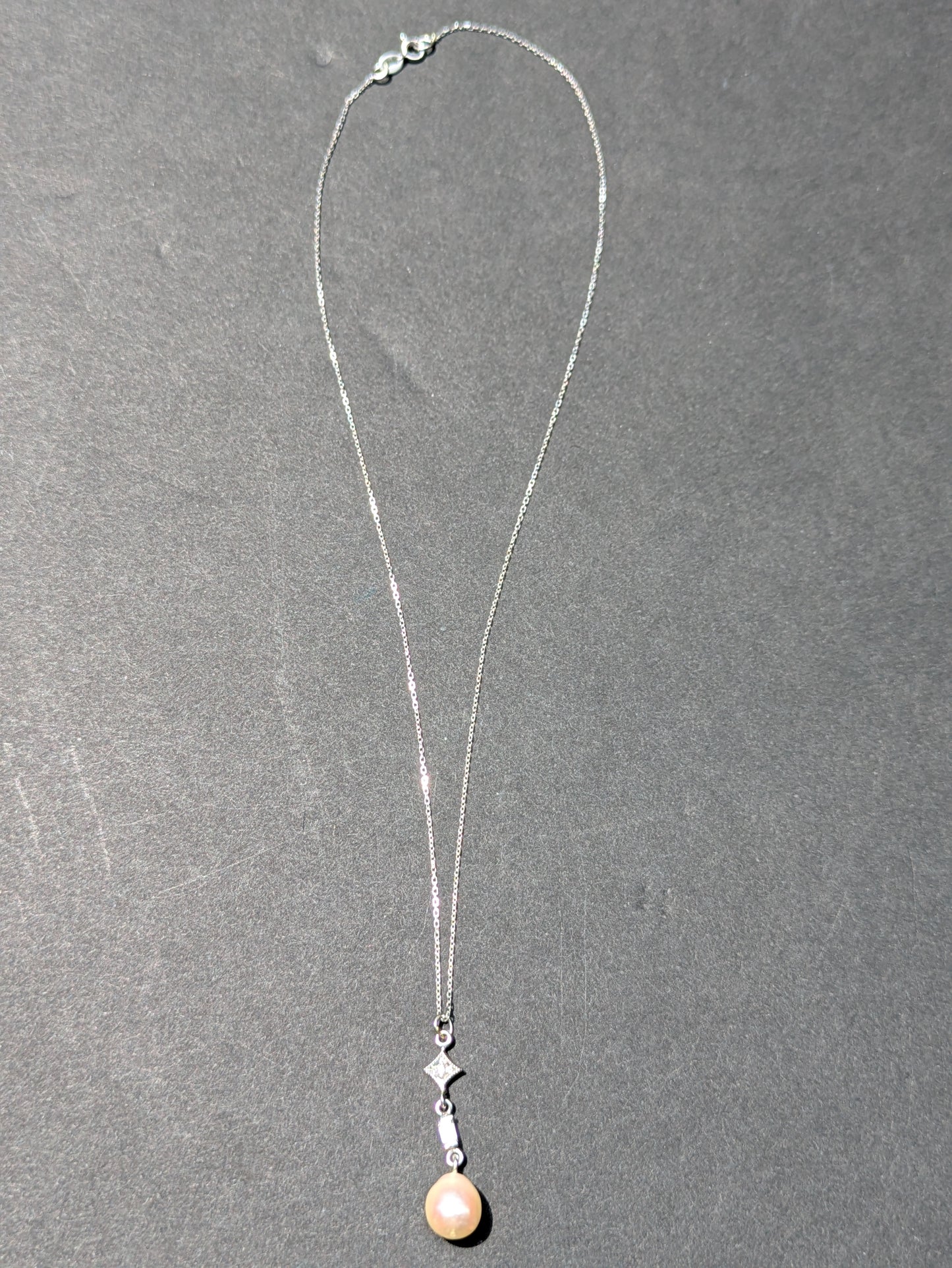 14K 1920's white gold diamond and pearl necklace