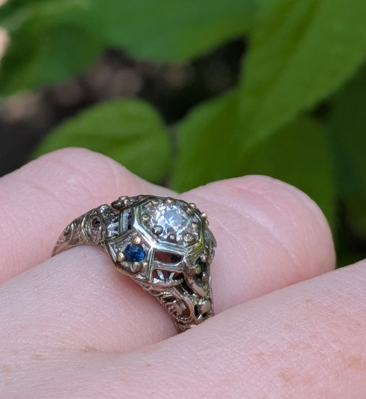 Art Deco Sapphire and Diamond 18Kt Illusion Mounting Ring with Floral Engraving
