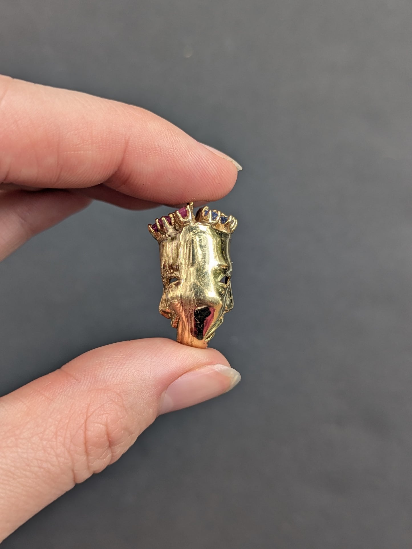 Heavy 14k Drama Masks Pendant with Sapphire and Ruby