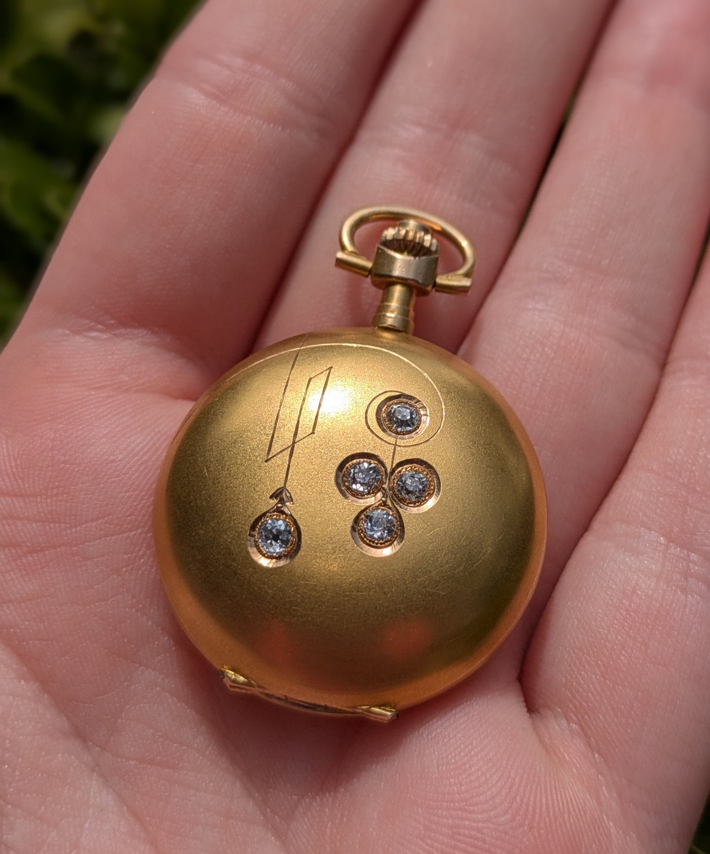 14kt Swiss Seraph Pocket Watch- Art Deco with 5 OEC Diamonds and Hand Engraving