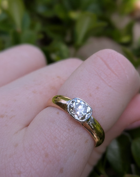 Mine Cut Cushion Diamond Approx 1.10 from Brooch; Original Bezel Set in Antique Gold Band