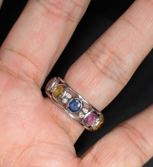 Modern 14k White Gold Multicolor Sapphire and Diamond Eternity Band