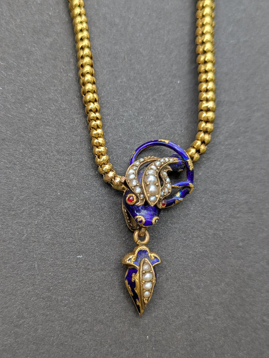 Late 1800's 14k Snake Necklace with Blue and White Enamel, Ruby Eyes, and Oringial Pearl Drop