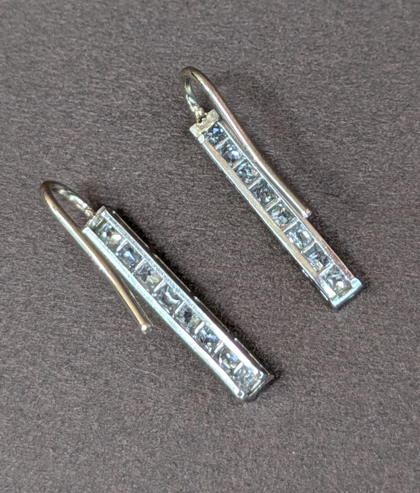 Mine Cut Diamond Earrings 14kt White Gold Converted from Bar Pin