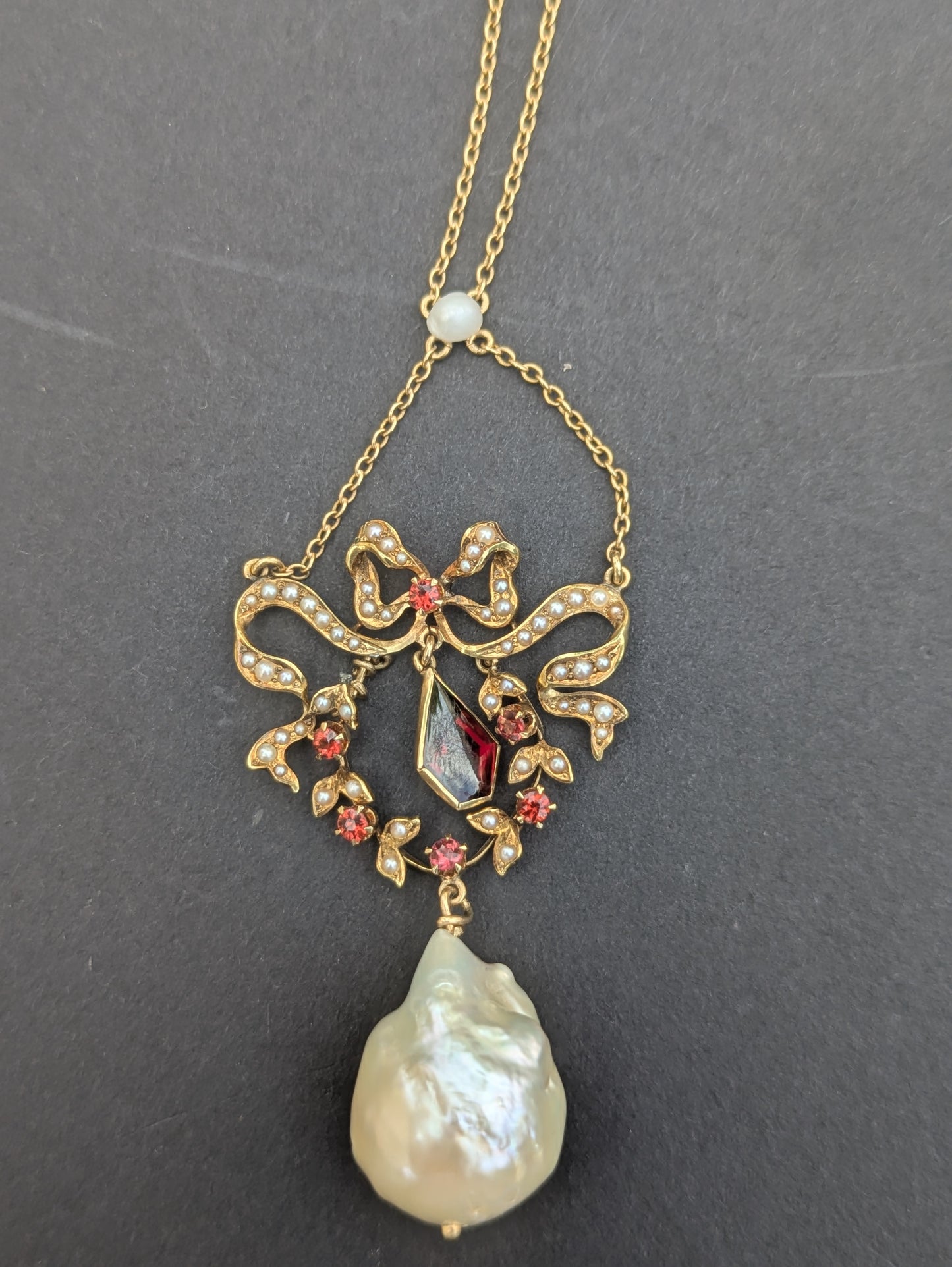 14k Victorian Pearl and Garnet Drop Necklace