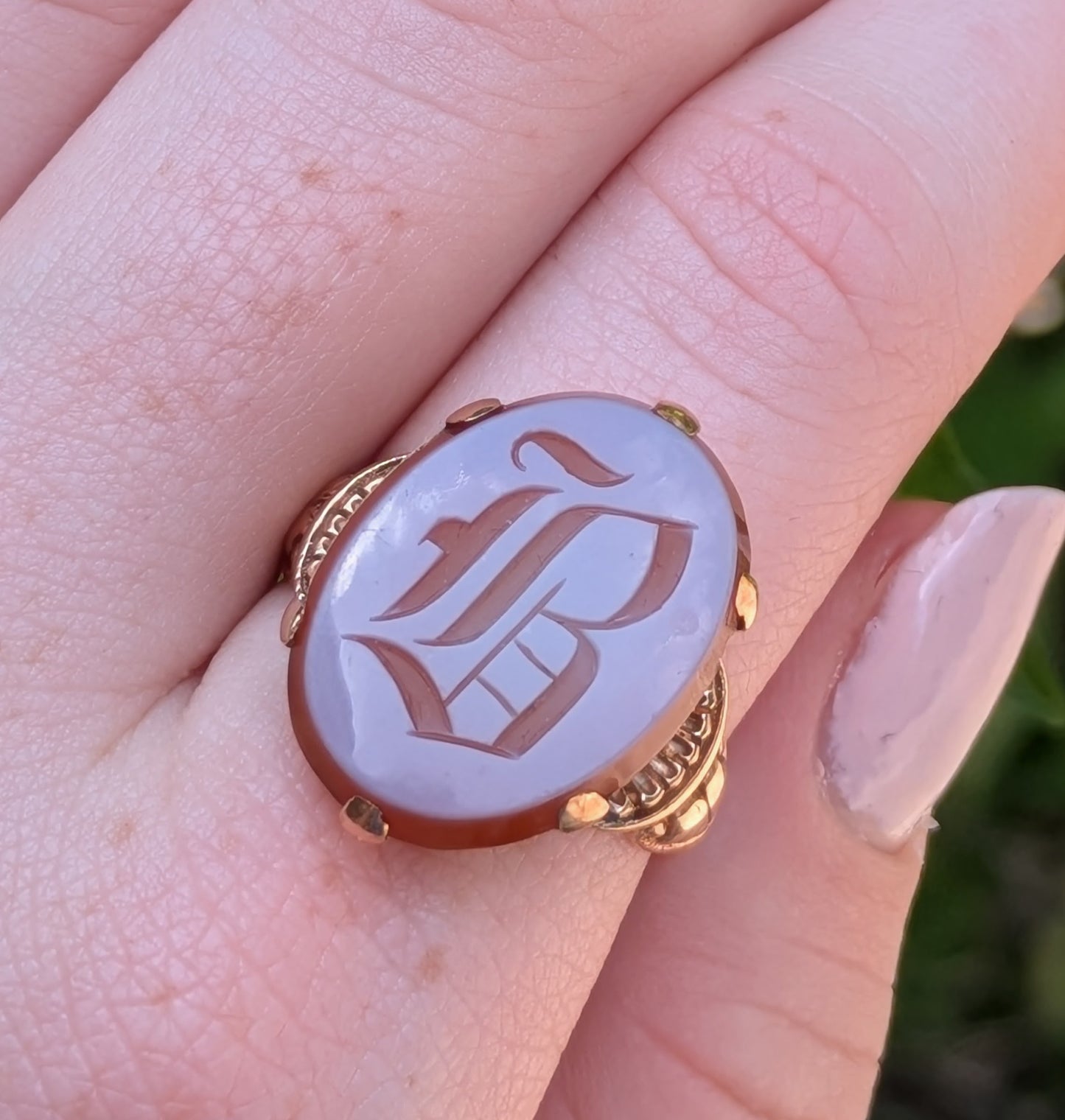 10kt Victorian Signet Ring with Carved Carnelian "B"