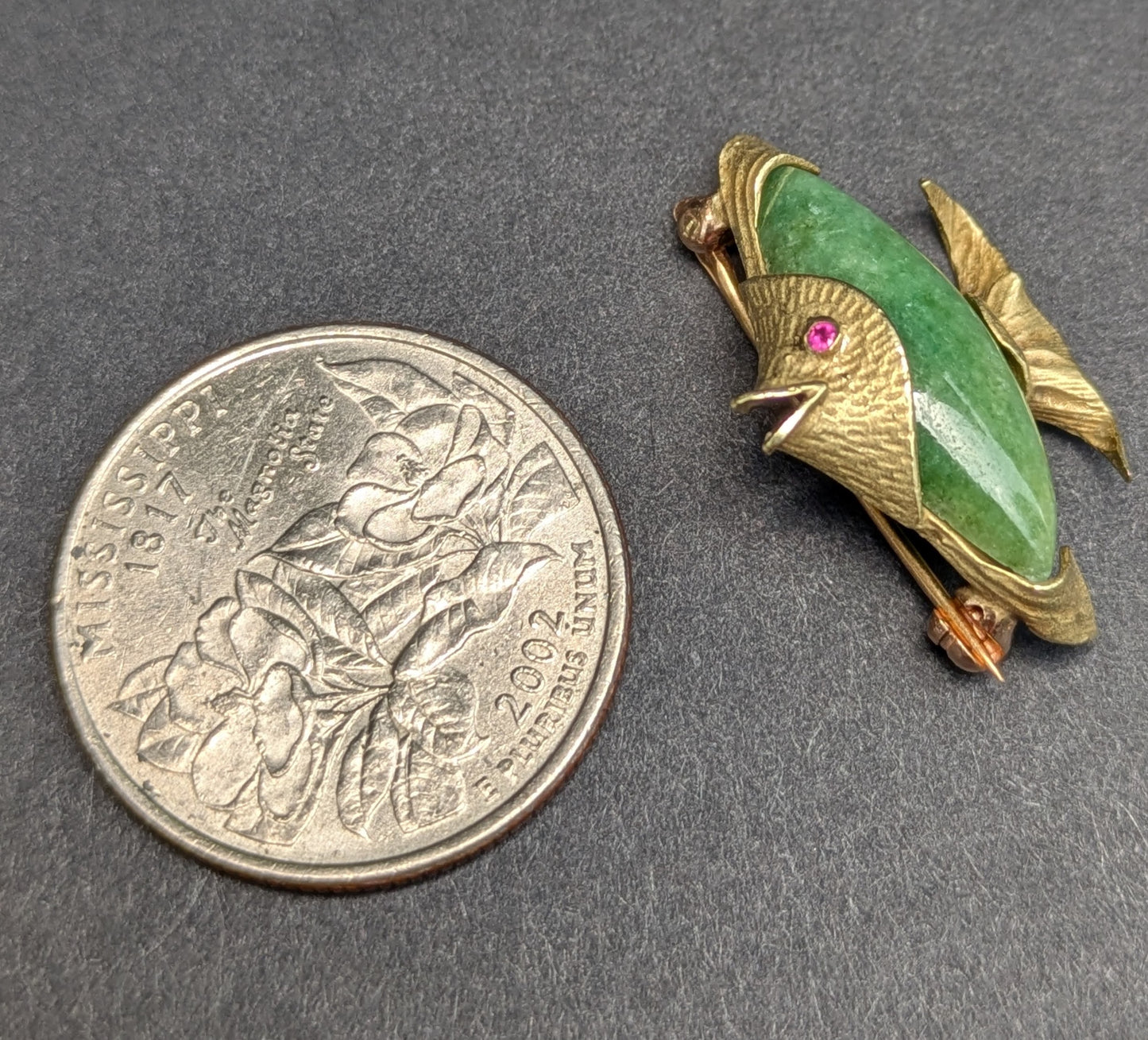 Charming Jade and Ruby 14kt Fish Brooch