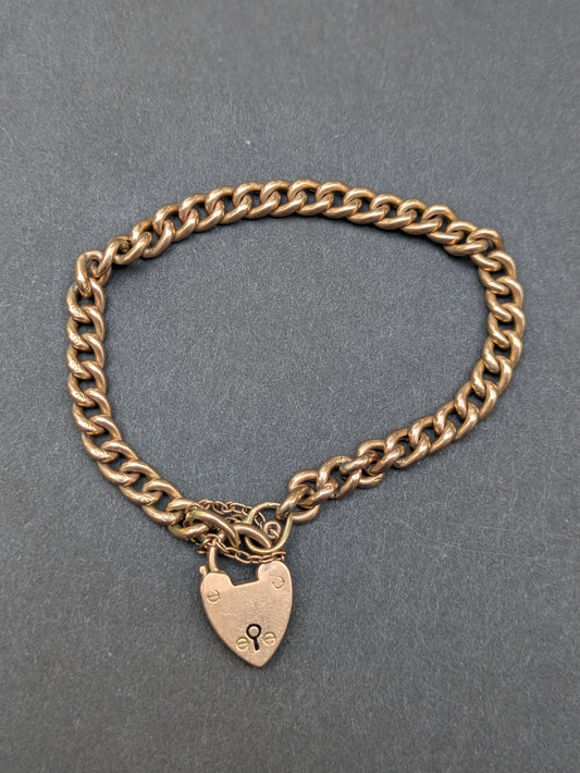 9k English Rose Gold Curb Bracelet with Heart Lock