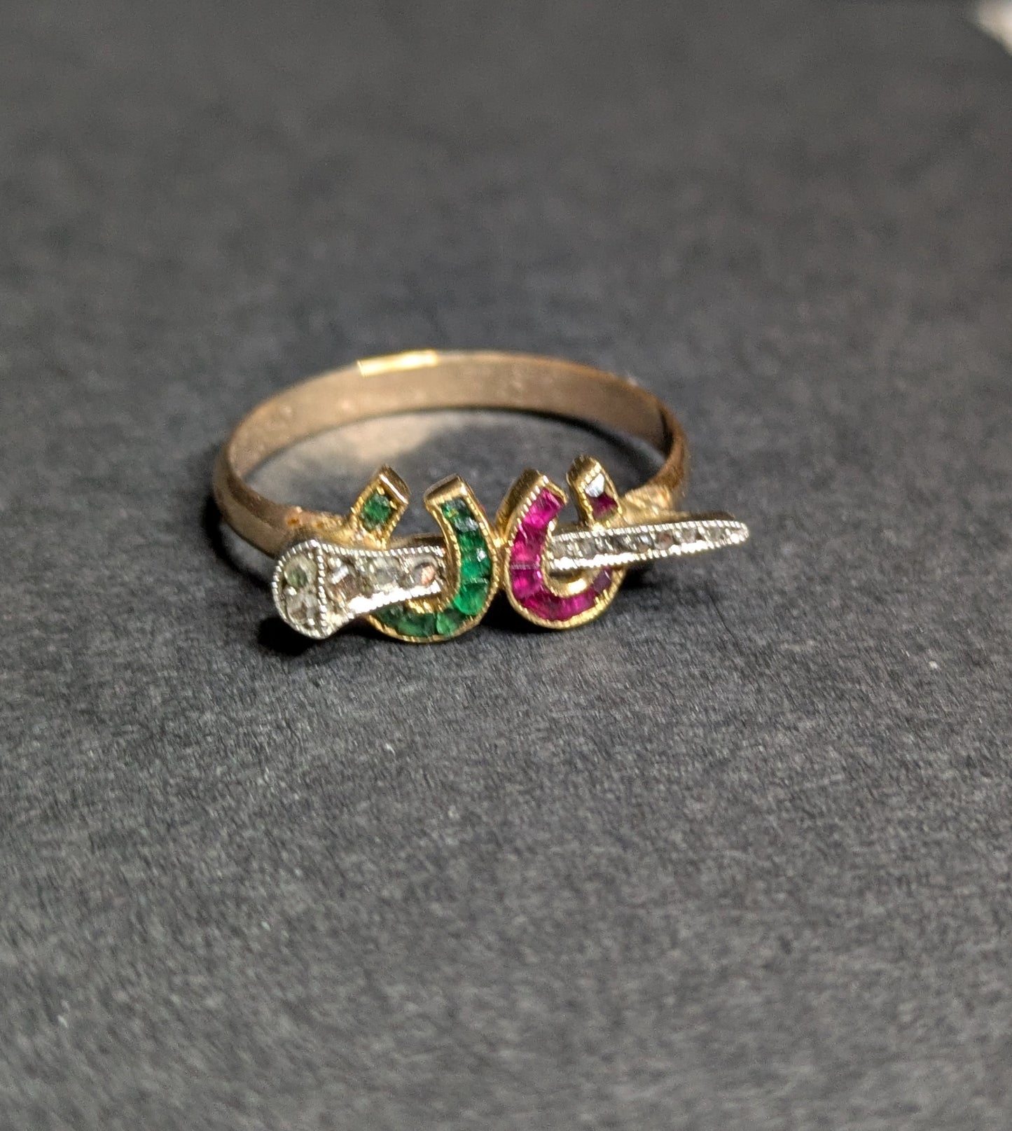 18k and Platinum Ruby and Emerald Horseshoe with Diamond Nail- Conversion to 14k Ring