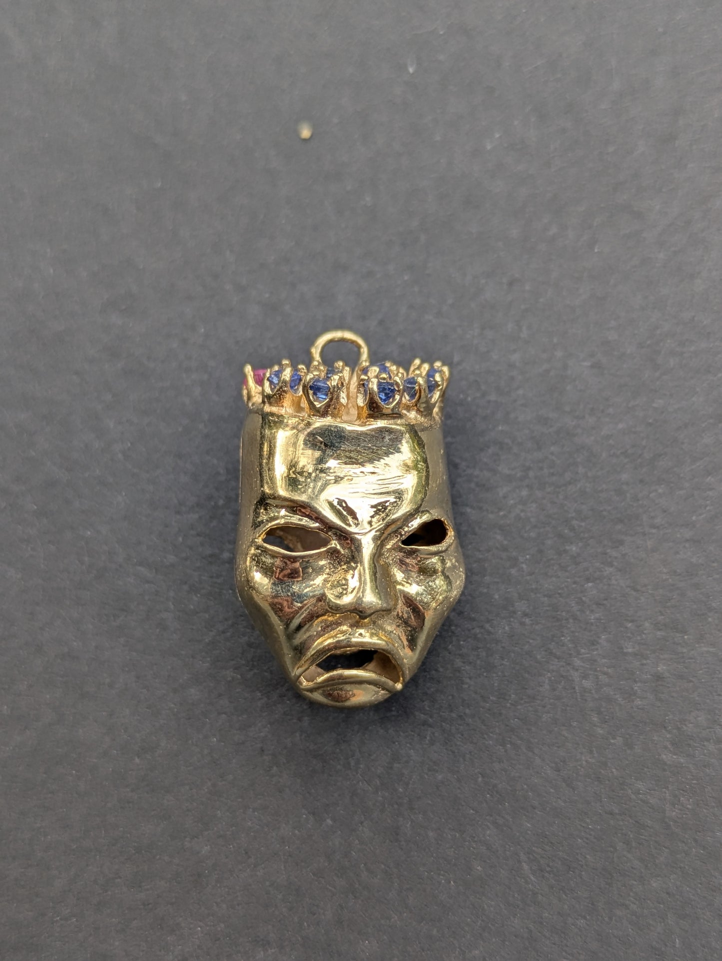 Heavy 14k Drama Masks Pendant with Sapphire and Ruby