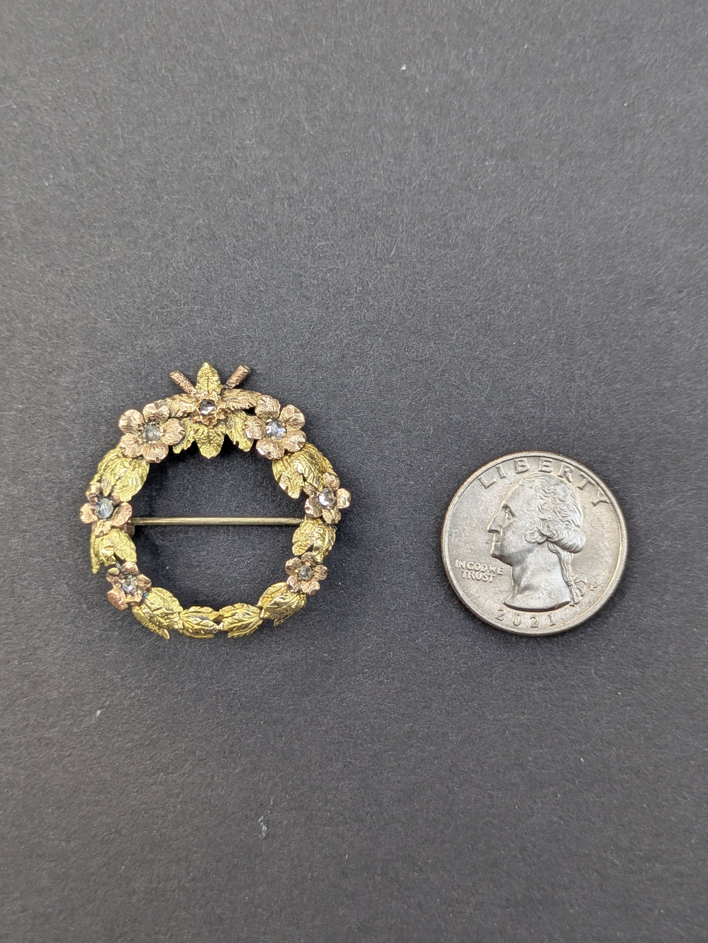 14k Rose Cut Diamond Wreath Brooch