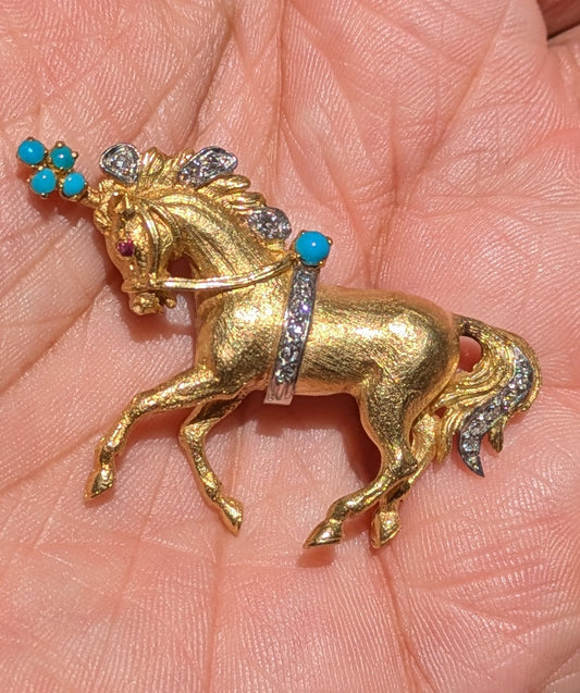 Ben Rosenfeld 18k Prancing Horse with Diamond and Turquoise
