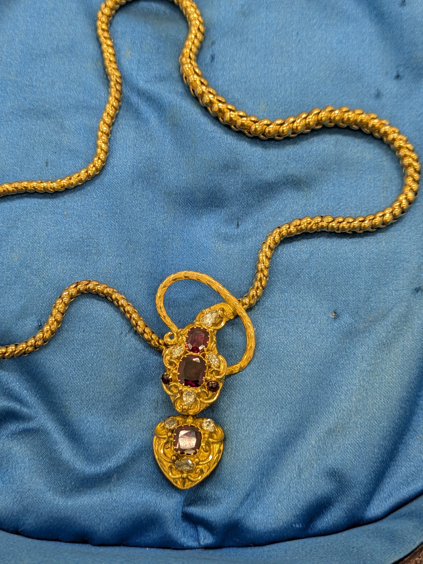 18k Garnet and Diamond Serpent and Heart Locket Necklace