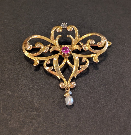 14k Jugendstil Brooch and Pendant with Pearl Diamond and Ruby