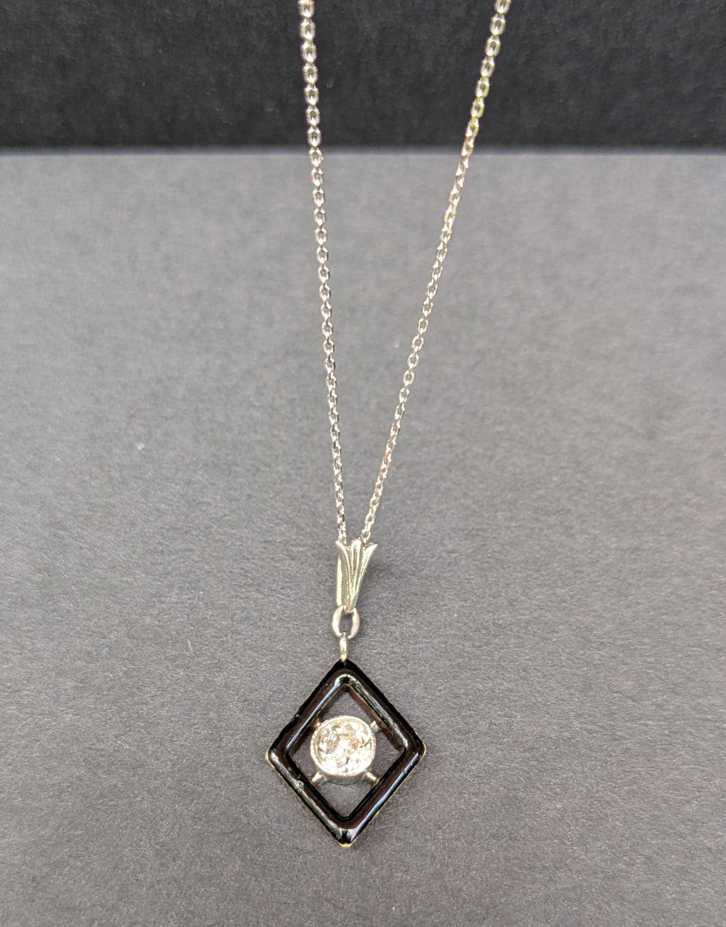 14kt Art Deco Milgrain Bezel Set Old European Diamond in Black Enamel Frame