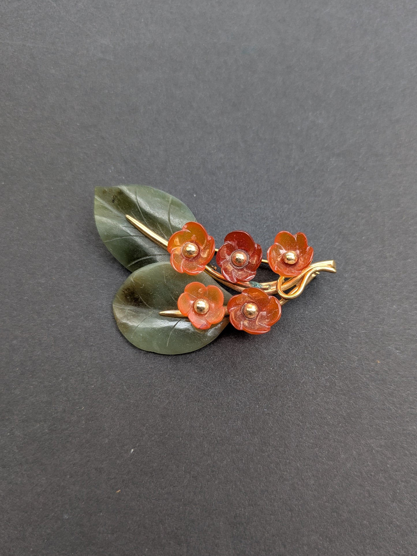 14k Carved Hardstone Floral Brooch