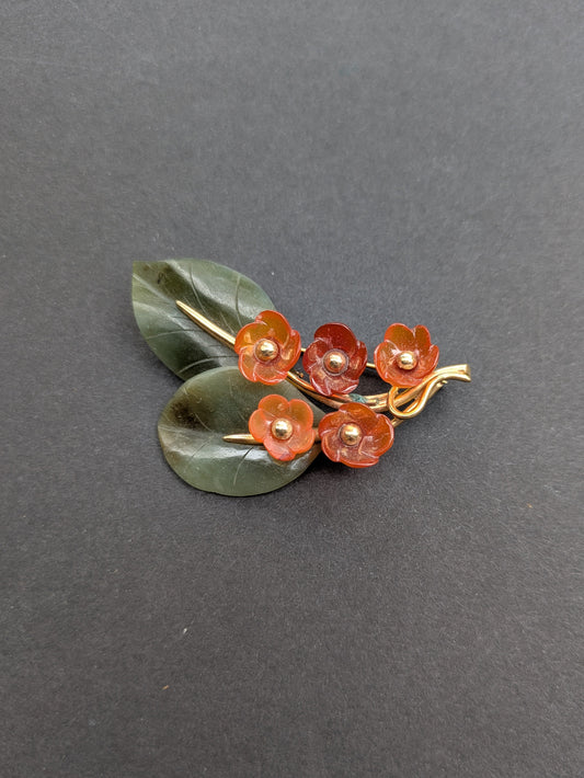 14k Carved Hardstone Floral Brooch