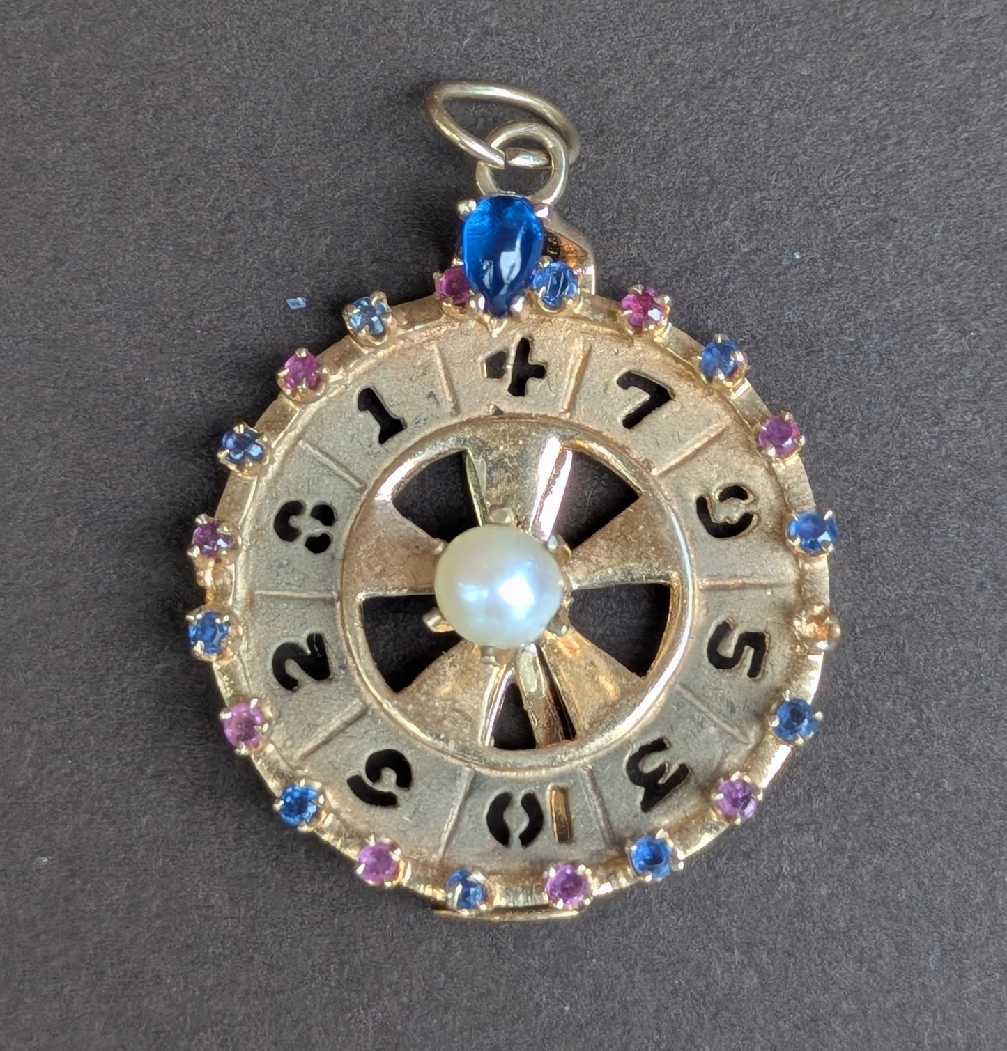 14k Vintage Roulette Wheel Pendant with Pearl Sapphire and Ruby