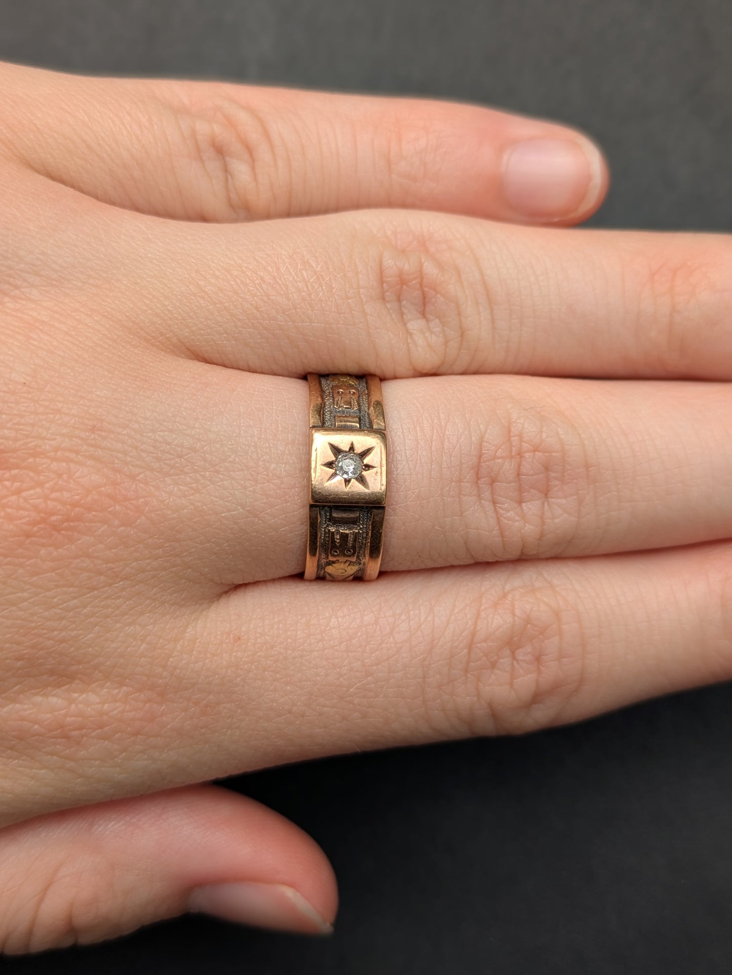 14kt 3 colored Gold Cigar Band with Mine Cut Diamond