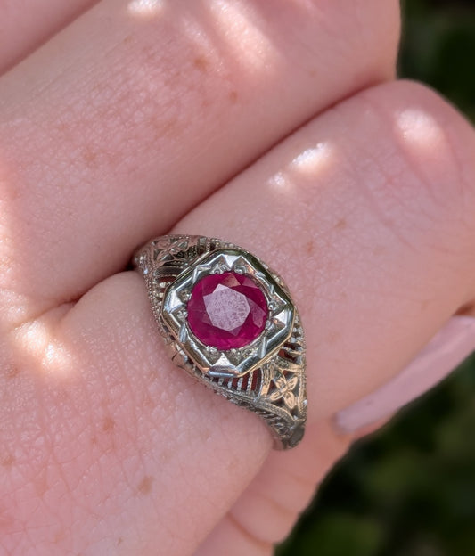 18k White Gold Filigree Ring with Ruby