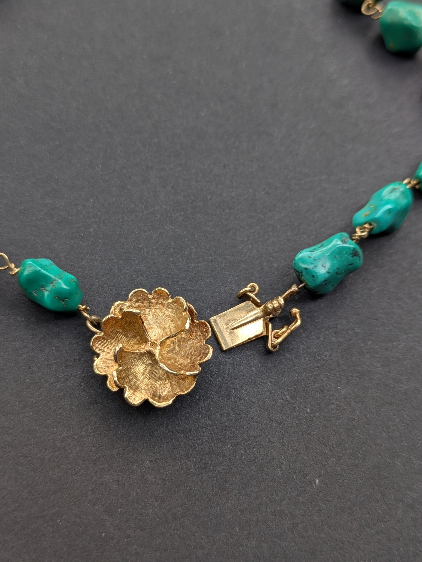 Turquoise Necklace with 14k Large Flower Clasp