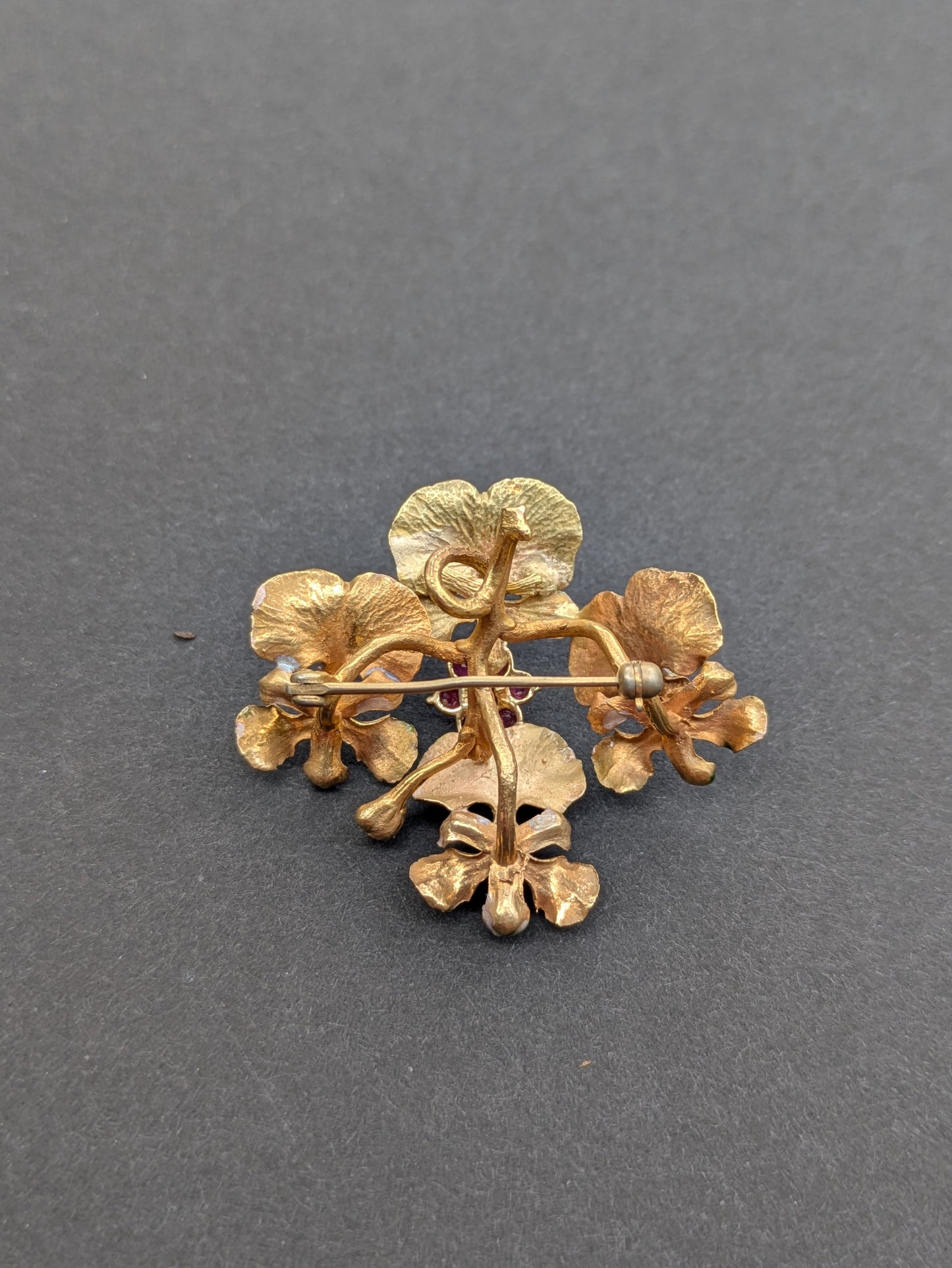 10k Enamel and Ruby Floral Brooch