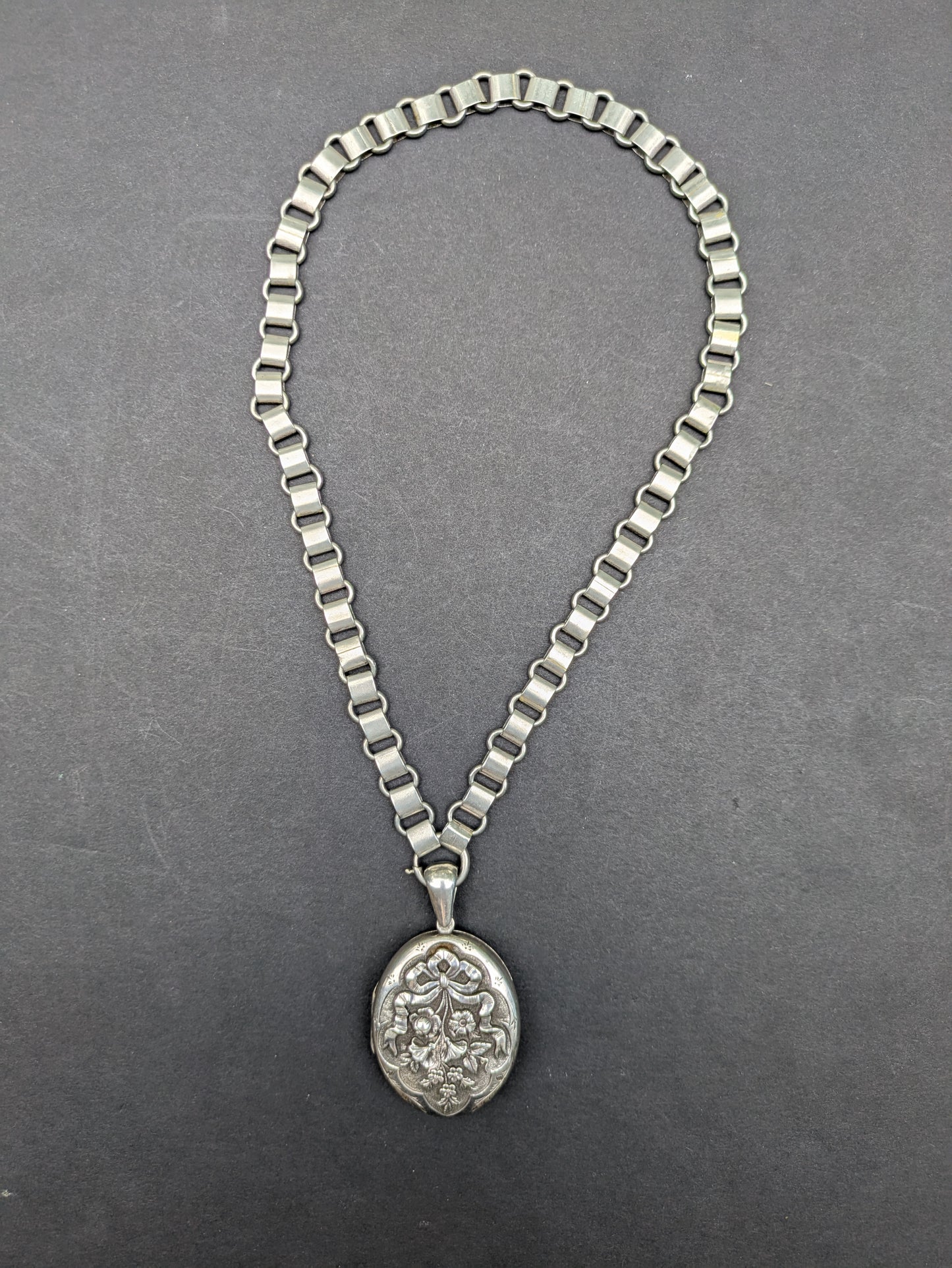 English Sterling Book Chain with Repousse Floral Locket