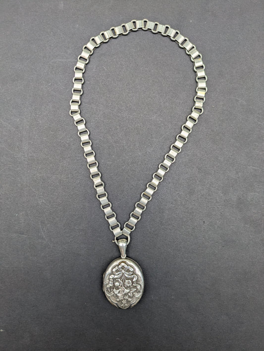 English Sterling Book Chain with Repousse Floral Locket