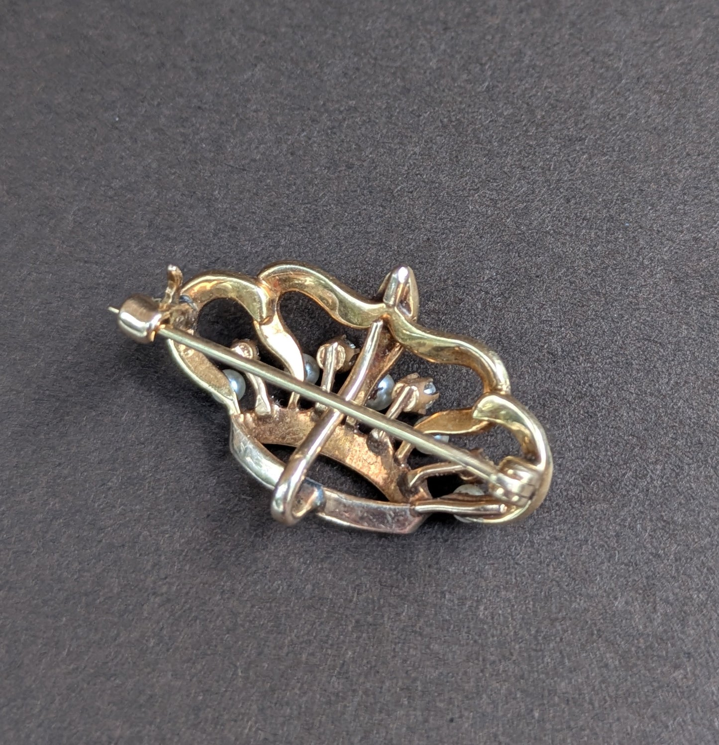 12kt Seed Pearl & Mine Cut Diamond Crown Brooch with Watch Hook