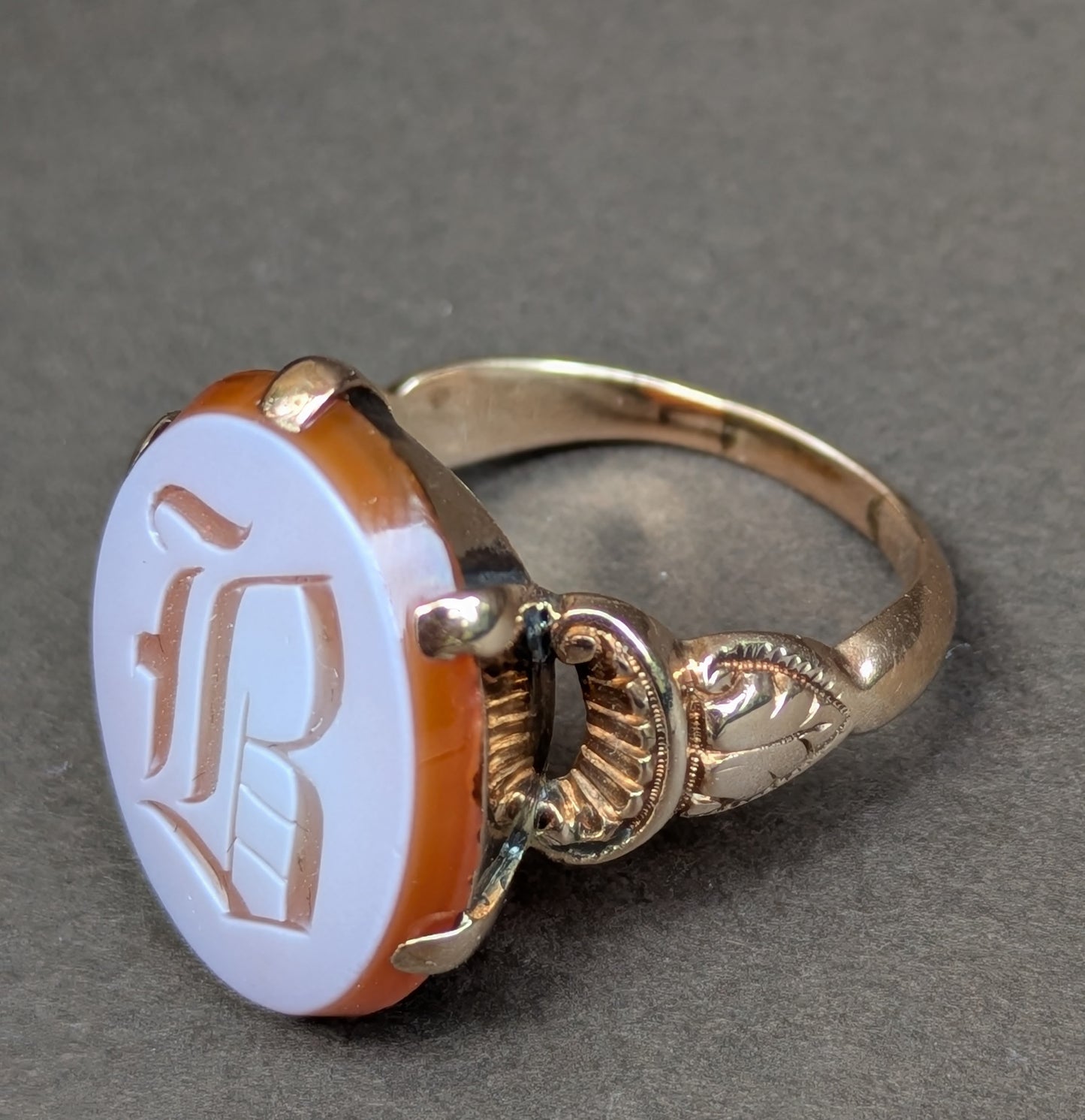 10kt Victorian Signet Ring with Carved Carnelian "B"