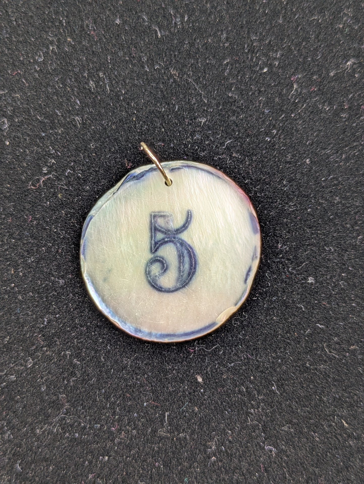 Round Gray Mother of Pearl Poker Chip with Navy Engraving "5"