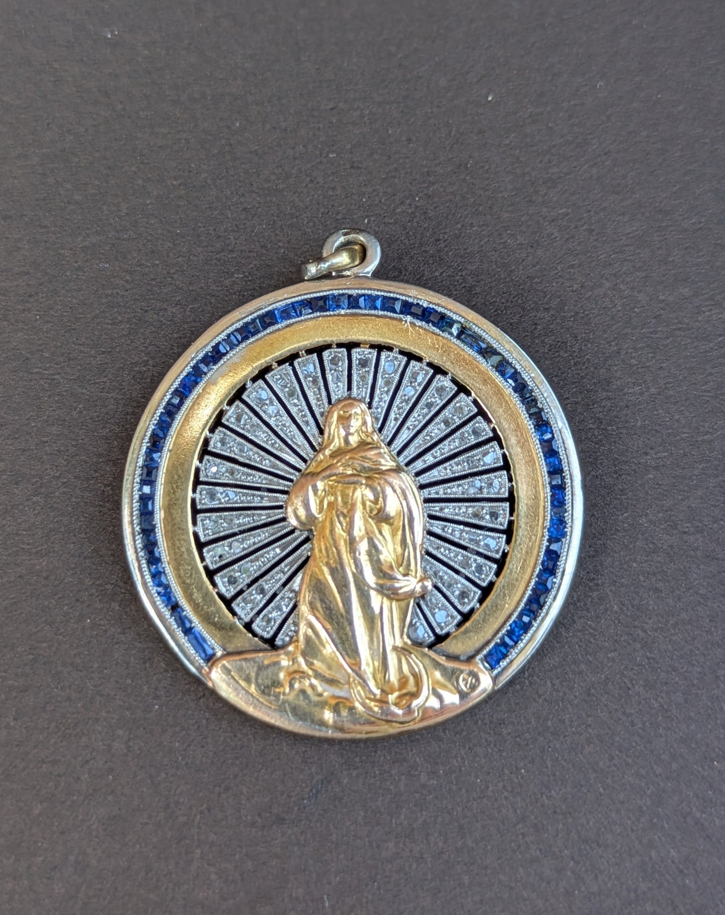 French 18kt & Platinum Art Deco Virgin Mary Surrounded by Single Cut Diamonds & French Cut Sapphires