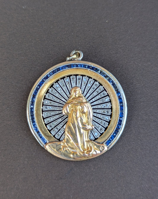 French 18kt & Platinum Art Deco Virgin Mary Surrounded by Single Cut Diamonds & French Cut Sapphires