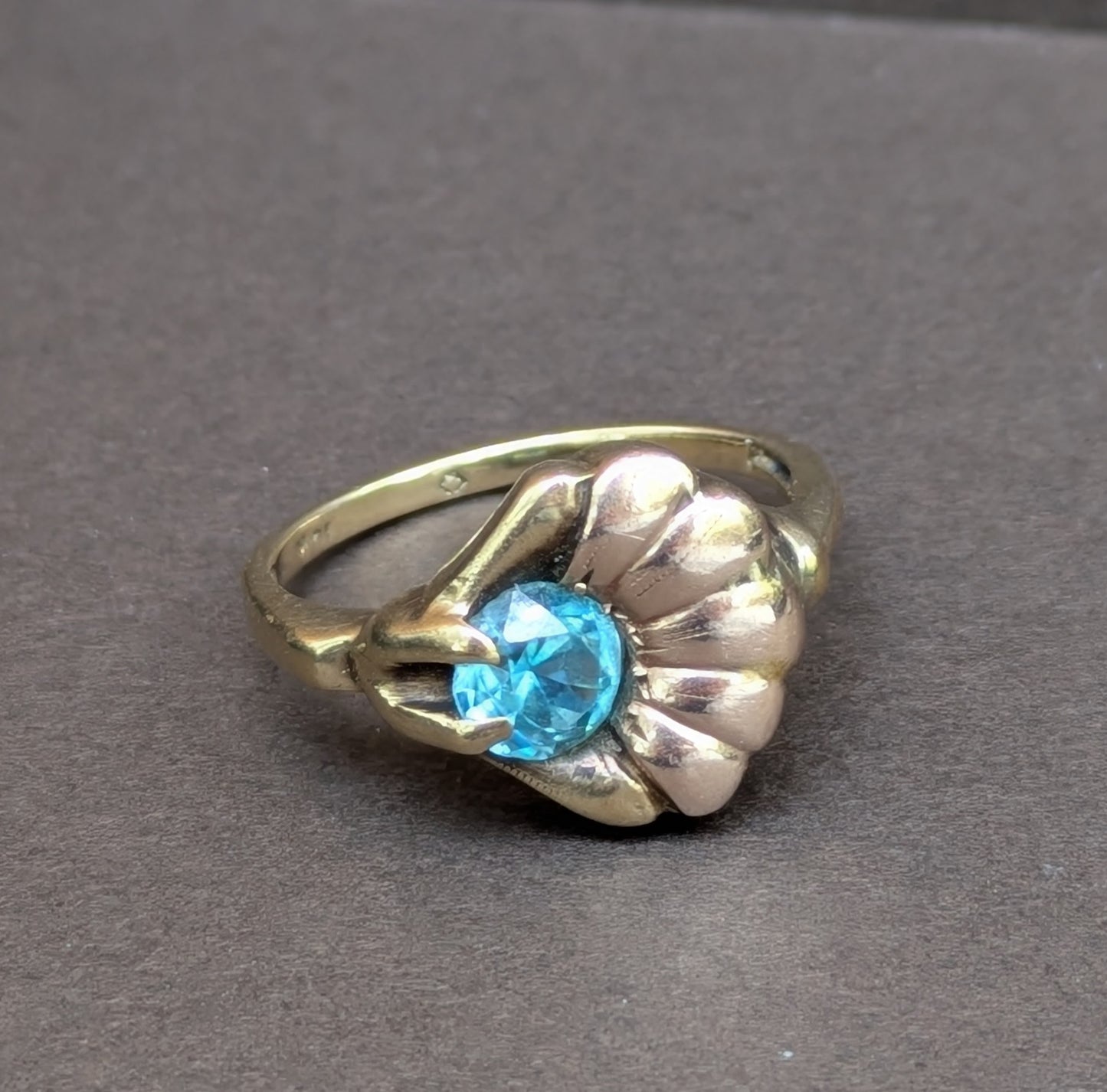 10k Two Tone Depression Era Ring with Blue Zircon