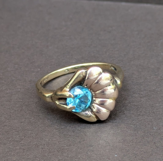 10k Two Tone Depression Era Ring with Blue Zircon