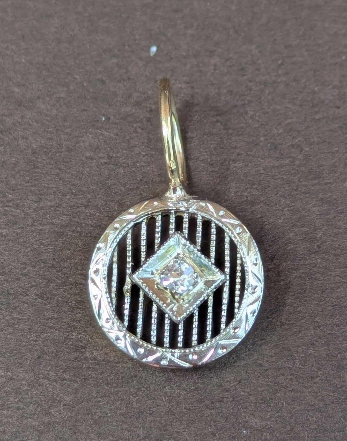 14kt White Gold Filigree Charm with Mine Cut Diamond