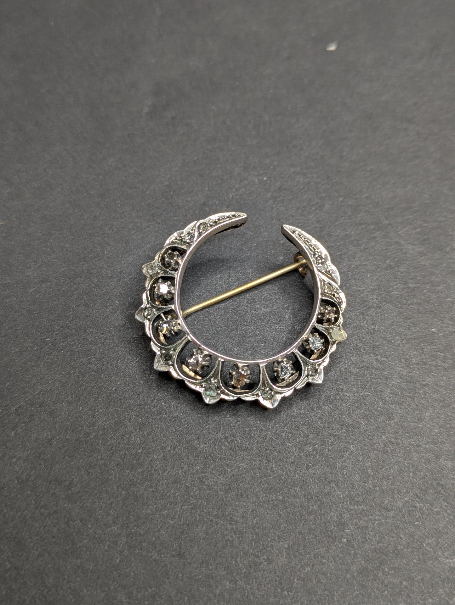 Rose Cut  Diamond Crescent Brooch