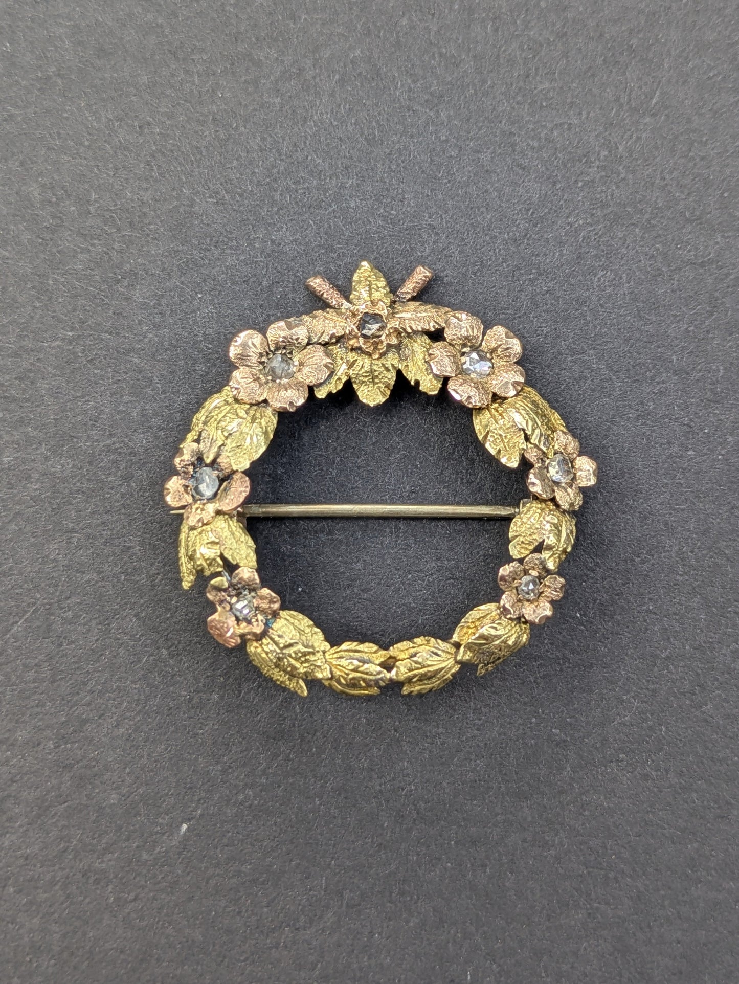 14k Rose Cut Diamond Wreath Brooch