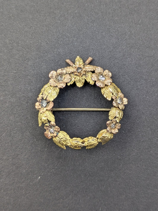 14k Rose Cut Diamond Wreath Brooch