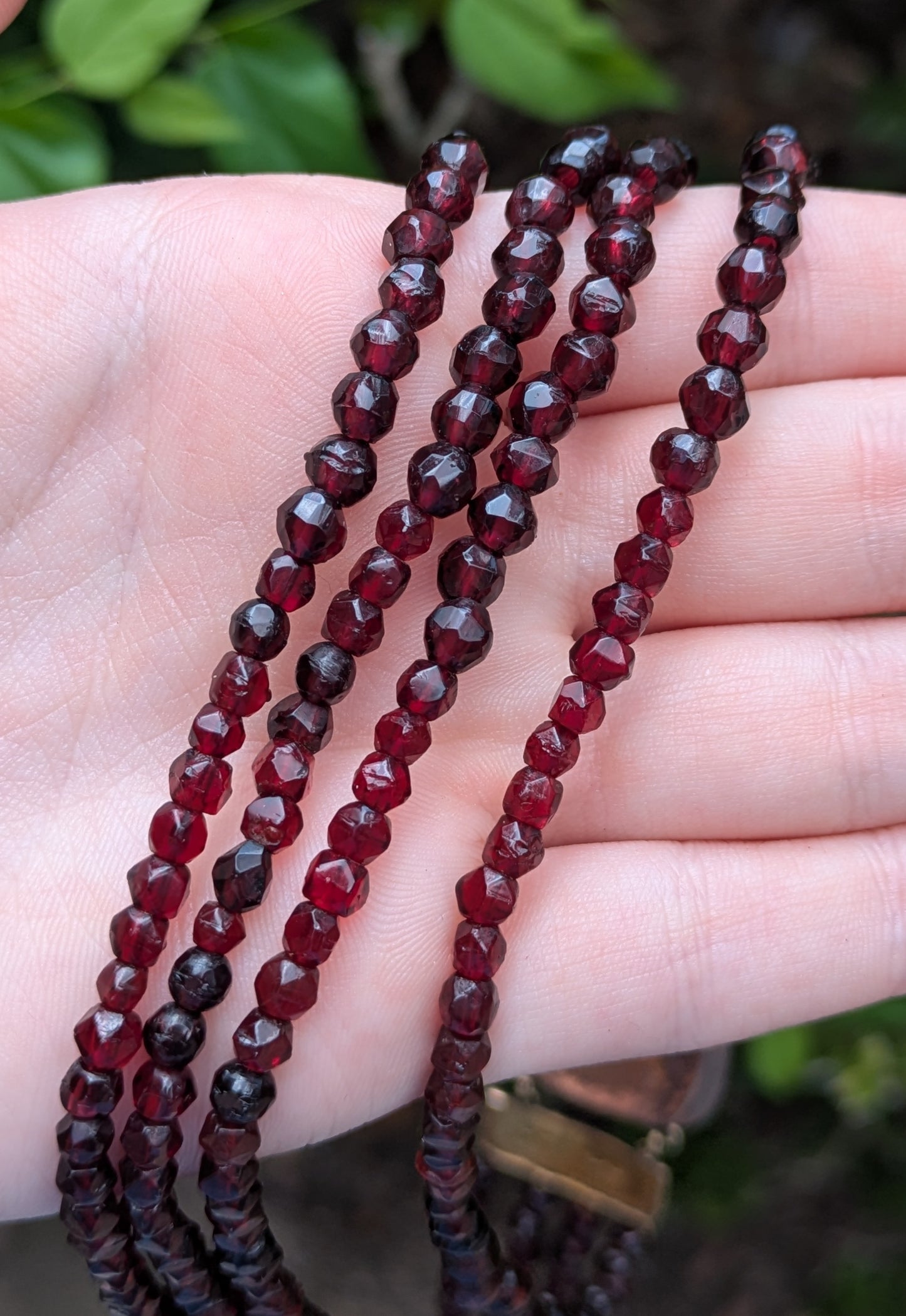 3 Strand Antique Garnet Dutch 14kt Lacework Clasp