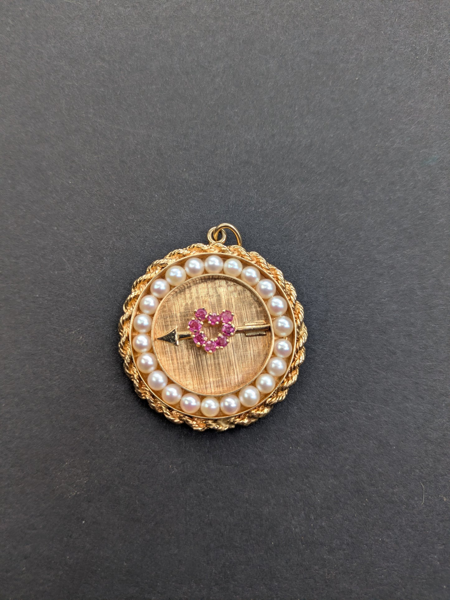 14k Large Disk Charm 1960's with Pearl and Ruby Heart + Arrow
