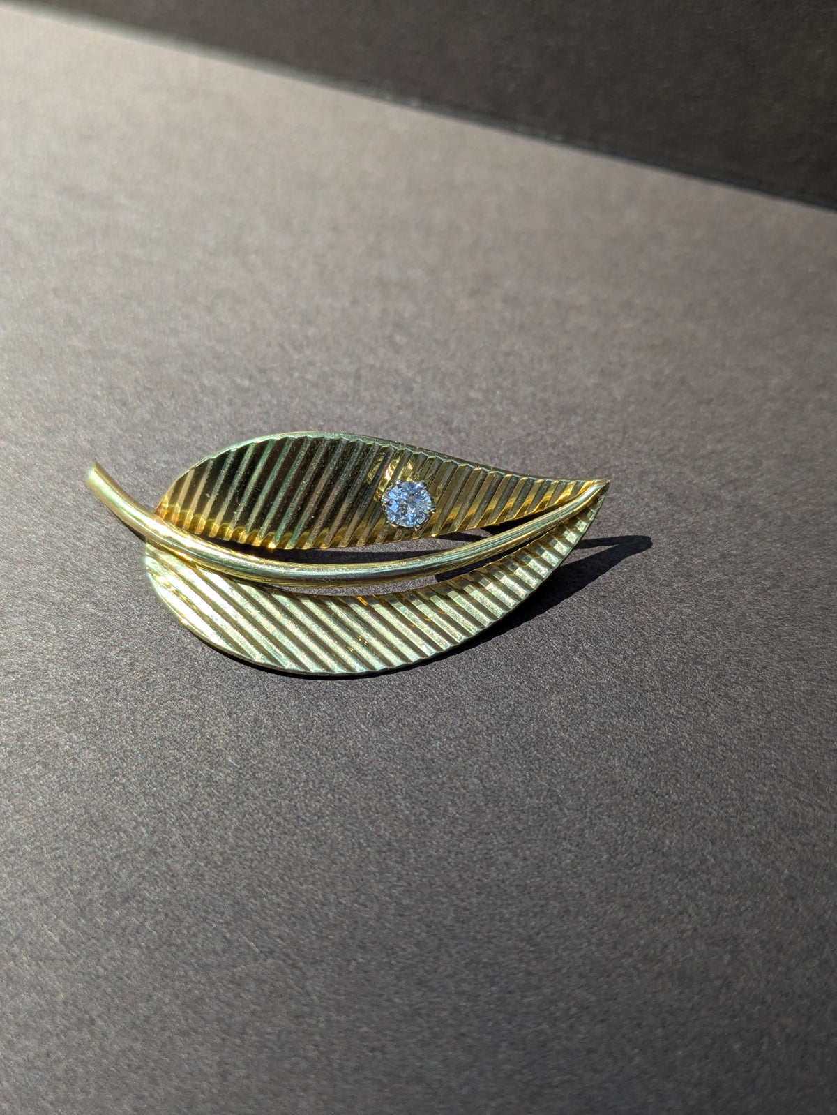 Mid Century Leaf Brooch with Diamond