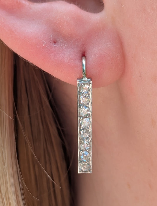 Mine Cut Diamond Earrings 14kt White Gold Converted from Bar Pin