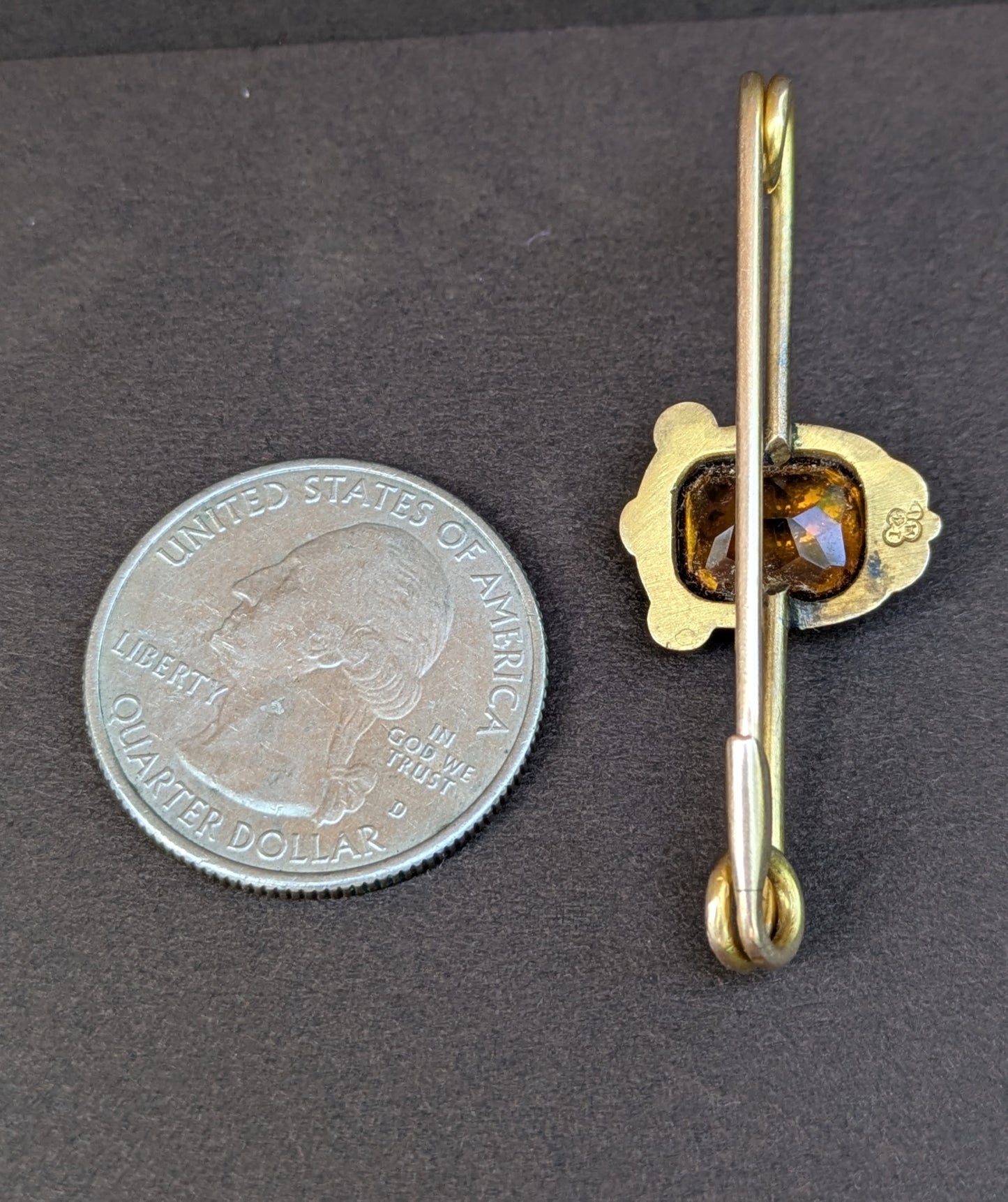 Arts & Crafts 14kt American Citrine Safety Pin Style Brooch