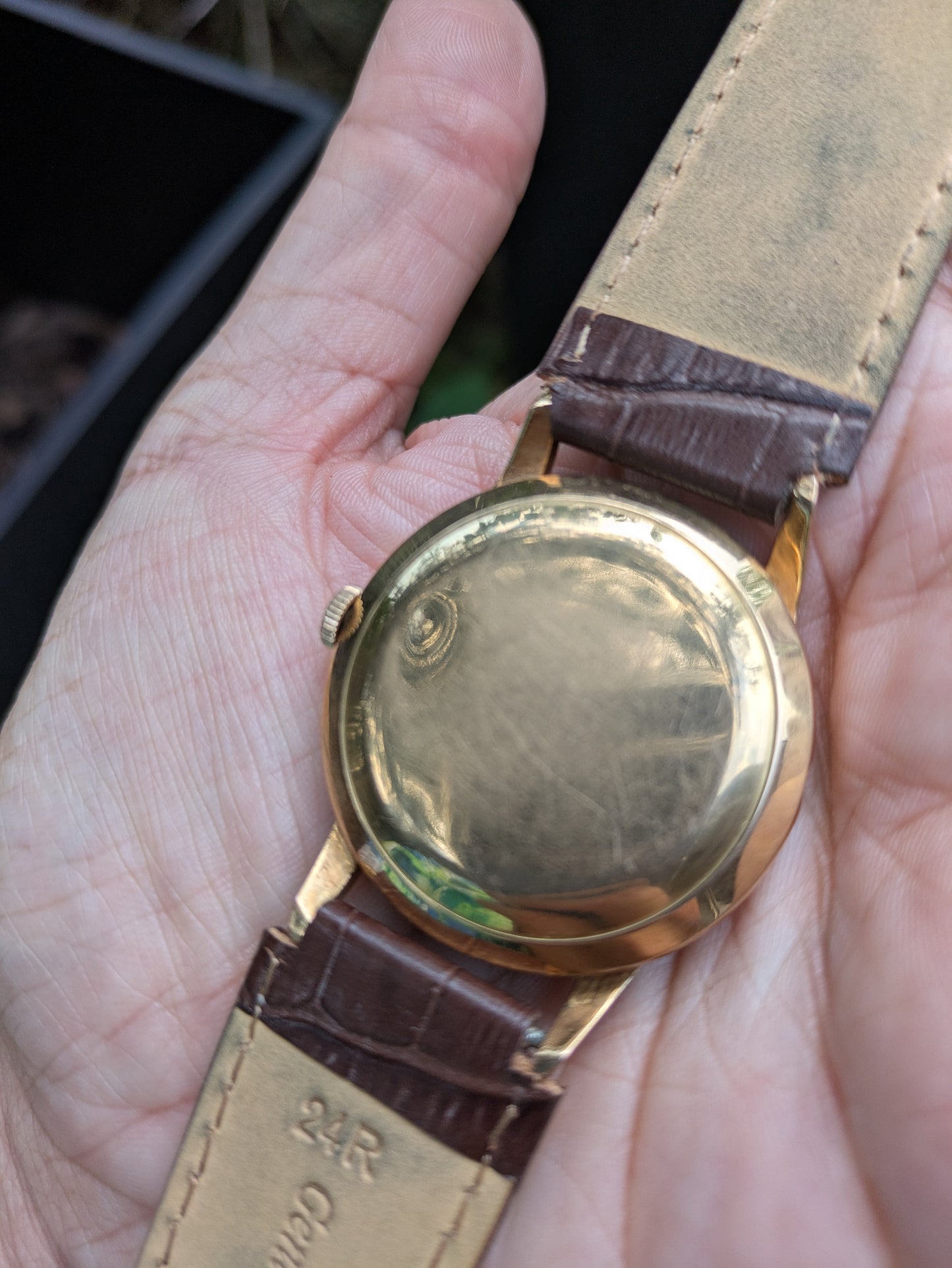 14kt Omega Watch, Automatic on Leather Strap