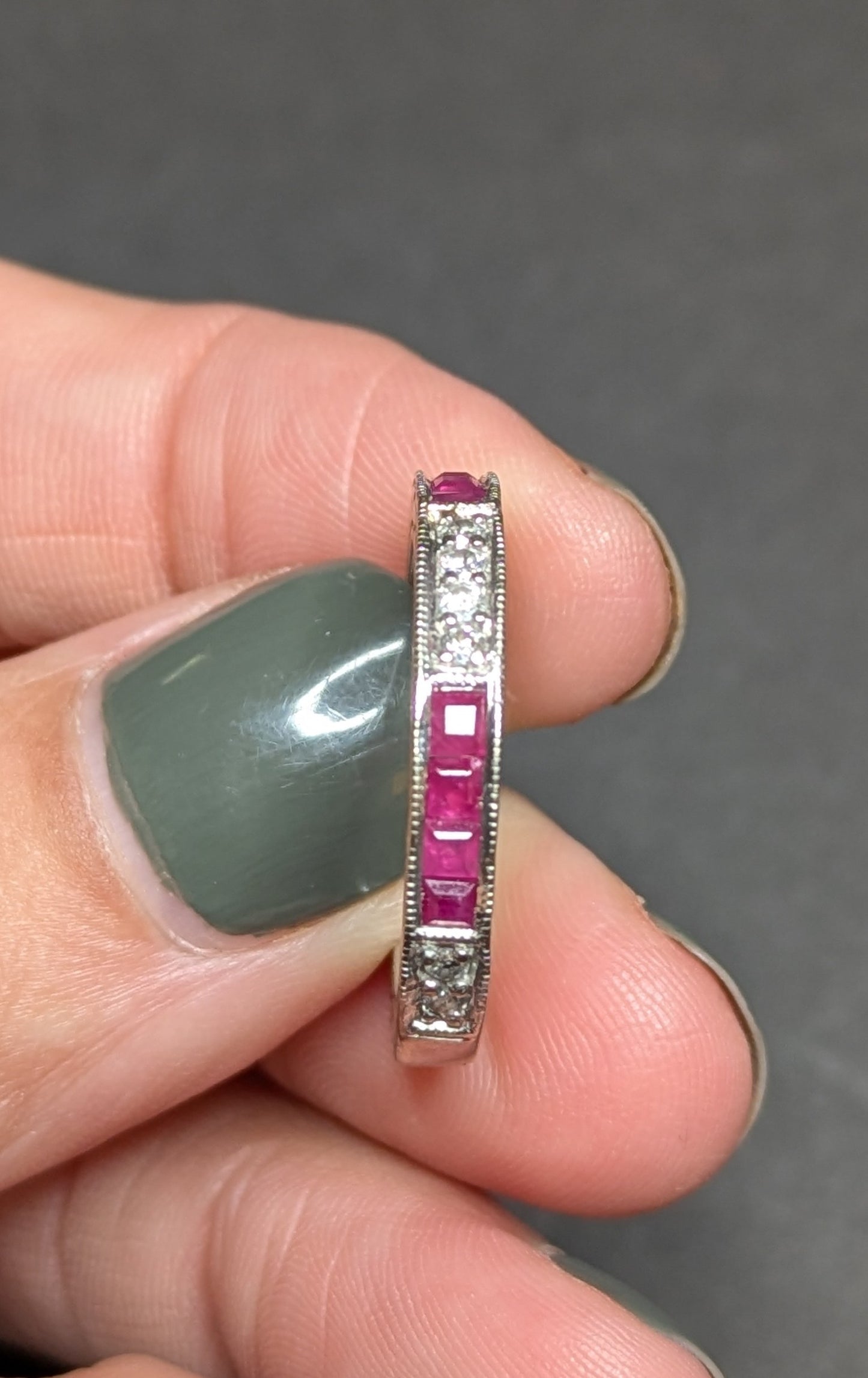 14k White Gold Diamond and French Cut Ruby Anniversary Band
