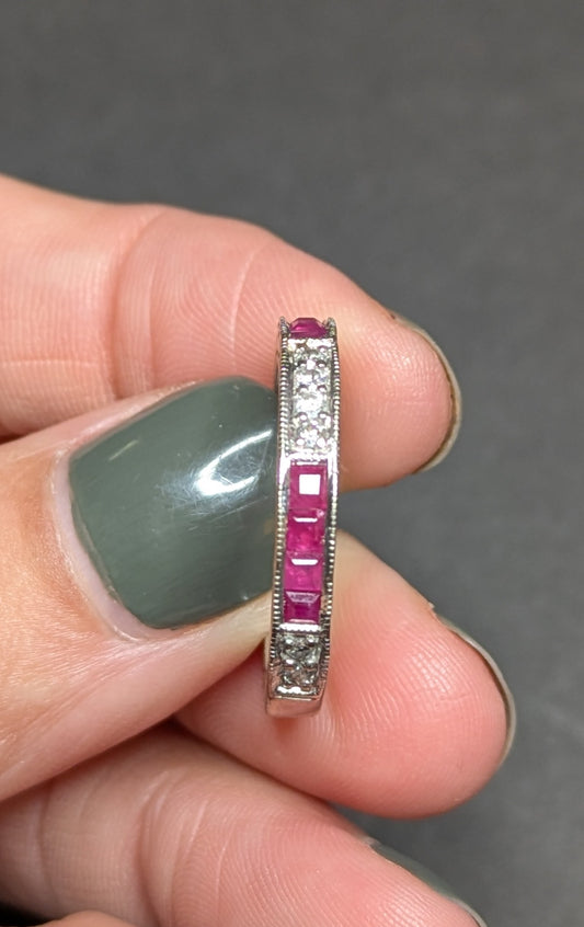 14k White Gold Diamond and French Cut Ruby Anniversary Band
