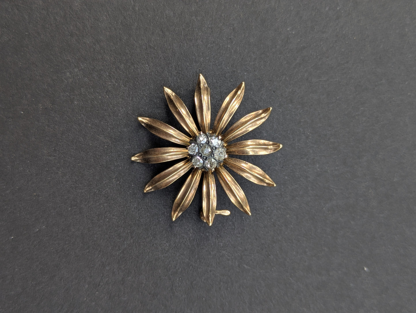 10k Mine Cut Diamond Flower Brooch