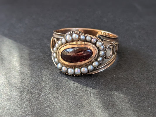 American Garnet and Pearl mourning ring